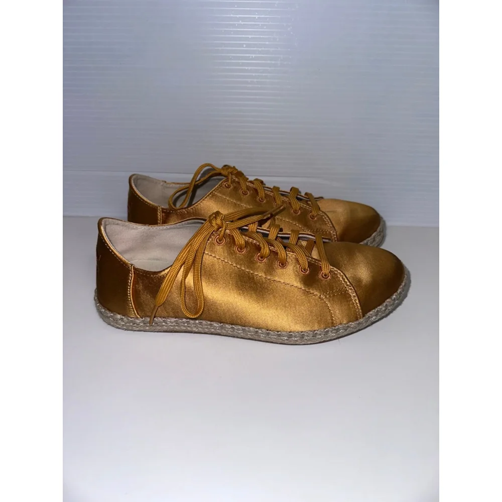 Women's TOMS Gold Satin Espadrille Sneakers US 7 with Beige Jute Sole - Picture 3 of 16